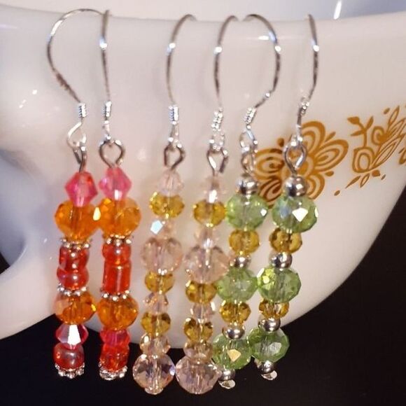 earrings beaded dangle drop glass pink orange green 3 pair new handmade - Picture 1 of 5
